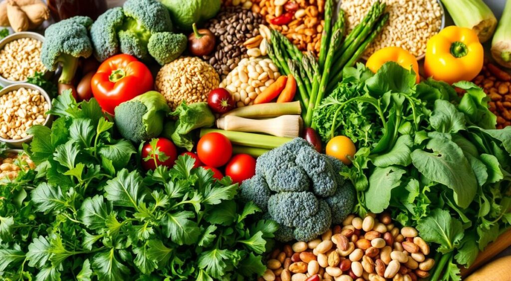 A bountiful harvest of vibrant, nutrient-dense foods arranged in an appetizing display. In the foreground, a variety of leafy greens such as spinach, kale, and arugula, their deep green hues accentuated by warm, natural lighting. In the middle ground, an assortment of colorful vegetables including broccoli, asparagus, and bell peppers, all bursting with freshness. In the background, a selection of whole grains, legumes, and nuts, creating a harmonious composition that celebrates the richness of foods high in folic acid. The overall scene evokes a sense of health, vitality, and the nourishing power of a balanced, folate-packed diet. A bountiful harvest of vibrant, nutrient-dense foods arranged in an appetizing display. In the foreground, a variety of leafy greens such as spinach, kale, and arugula, their deep green hues accentuated by warm, natural lighting. In the middle ground, an assortment of colorful vegetables including broccoli, asparagus, and bell peppers, all bursting with freshness. In the background, a selection of whole grains, legumes, and nuts, creating a harmonious composition that celebrates the richness of foods high in folic acid. The overall scene evokes a sense of health, vitality, and the nourishing power of a balanced, folate-packed diet.