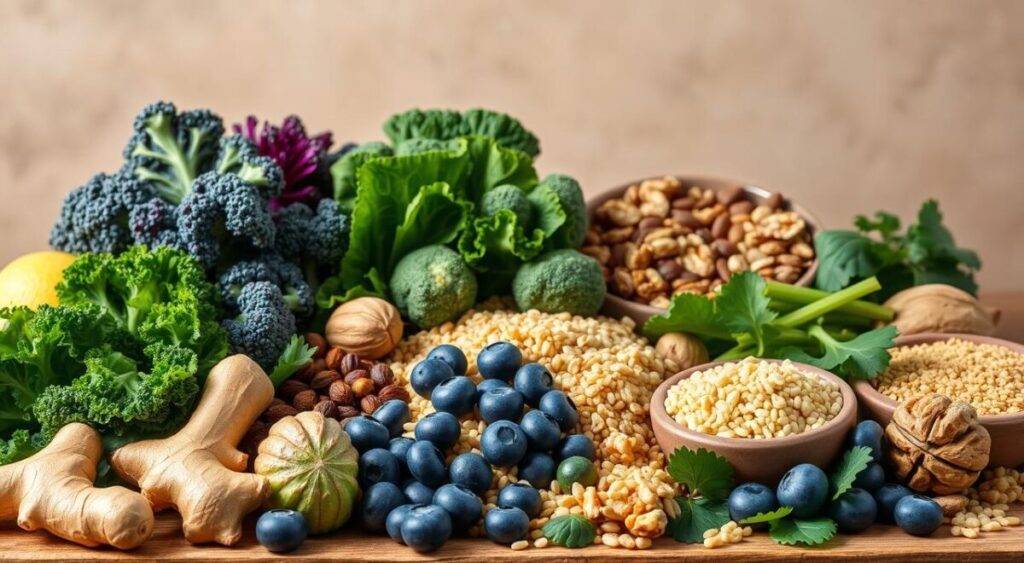 A bountiful still life arrangement of vibrant, nutrient-dense anti-inflammatory foods. In the foreground, an array of fresh leafy greens, crisp vegetables, and succulent fruits, including kale, broccoli, blueberries, and ginger. In the middle ground, a selection of whole grains, legumes, and healthy fats such as quinoa, lentils, and walnuts. The background features a natural, earthy backdrop, with a warm, diffused lighting that accentuates the colors and textures of the ingredients. The composition is balanced and visually appealing, evoking a sense of wholesome nourishment and vitality. A bountiful still life arrangement of vibrant, nutrient-dense anti-inflammatory foods. In the foreground, an array of fresh leafy greens, crisp vegetables, and succulent fruits, including kale, broccoli, blueberries, and ginger. In the middle ground, a selection of whole grains, legumes, and healthy fats such as quinoa, lentils, and walnuts. The background features a natural, earthy backdrop, with a warm, diffused lighting that accentuates the colors and textures of the ingredients. The composition is balanced and visually appealing, evoking a sense of wholesome nourishment and vitality.