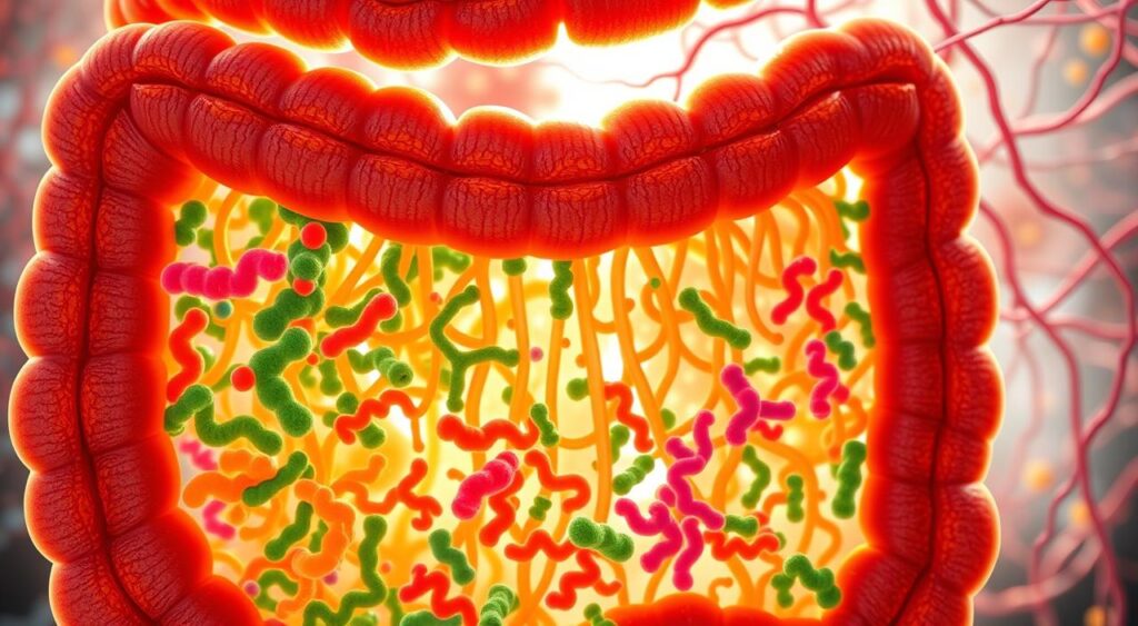 A detailed cross-section of a healthy human intestinal microbiome, rendered in a vibrant, colorful palette. The foreground depicts a diverse array of beneficial gut bacteria, including Bifidobacterium, Lactobacillus, and Bacteroides species, interwoven in an intricate, organic pattern. The middle ground showcases the intestinal lining, with its villi and microvilli structures, bathed in a warm, natural lighting. In the background, a network of blood vessels and lymphatic channels intersect, highlighting the intimate connection between the gut microbiome and the host's immune system. The overall composition conveys a sense of balance, vitality, and the crucial role of dietary fiber in maintaining a healthy intestinal ecosystem. A detailed cross-section of a healthy human intestinal microbiome, rendered in a vibrant, colorful palette. The foreground depicts a diverse array of beneficial gut bacteria, including Bifidobacterium, Lactobacillus, and Bacteroides species, interwoven in an intricate, organic pattern. The middle ground showcases the intestinal lining, with its villi and microvilli structures, bathed in a warm, natural lighting. In the background, a network of blood vessels and lymphatic channels intersect, highlighting the intimate connection between the gut microbiome and the host's immune system. The overall composition conveys a sense of balance, vitality, and the crucial role of dietary fiber in maintaining a healthy intestinal ecosystem.