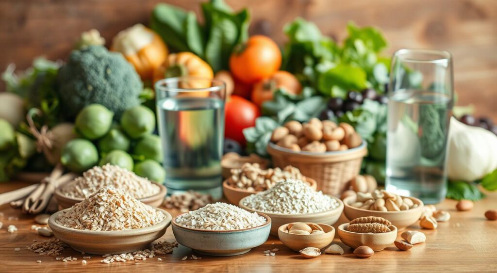 A detailed still life of insoluble dietary fibers arranged on a wooden table. In the foreground, a selection of high-fiber foods such as wheat bran, oat bran, and psyllium husks are displayed in small ceramic dishes. The middle ground features a glass of water and a handful of nuts and seeds, representing nutrient-dense sources of insoluble fiber. The background showcases a vibrant assortment of fresh vegetables, including broccoli, Brussels sprouts, and leafy greens, to convey the importance of incorporating a variety of high-fiber plant-based foods. The scene is bathed in warm, natural lighting, creating an inviting and health-conscious atmosphere. The composition emphasizes the diversity and abundance of insoluble fiber-rich options available to increase daily intake. A detailed still life of insoluble dietary fibers arranged on a wooden table. In the foreground, a selection of high-fiber foods such as wheat bran, oat bran, and psyllium husks are displayed in small ceramic dishes. The middle ground features a glass of water and a handful of nuts and seeds, representing nutrient-dense sources of insoluble fiber. The background showcases a vibrant assortment of fresh vegetables, including broccoli, Brussels sprouts, and leafy greens, to convey the importance of incorporating a variety of high-fiber plant-based foods. The scene is bathed in warm, natural lighting, creating an inviting and health-conscious atmosphere. The composition emphasizes the diversity and abundance of insoluble fiber-rich options available to increase daily intake.