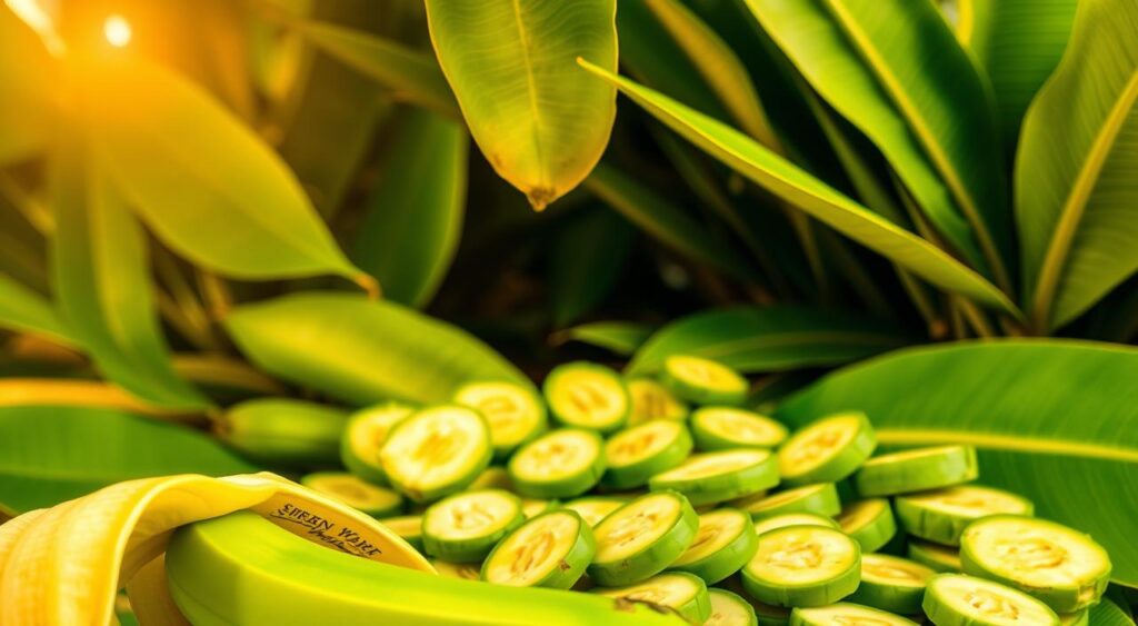 A lush, vibrant scene depicting the health benefits of green bananas. In the foreground, a close-up of a freshly peeled green banana, its bright green hue and firm texture inviting closer inspection. In the middle ground, a scatter of sliced green banana rounds, their cross-sections revealing the starchy, nutrient-dense flesh. The background features an array of green banana leaves, their broad, glossy surfaces catching the warm, golden light of an overhead soft spotlight. The overall mood is one of natural vitality and nourishment, highlighting the green banana's versatility as a superfood ingredient.