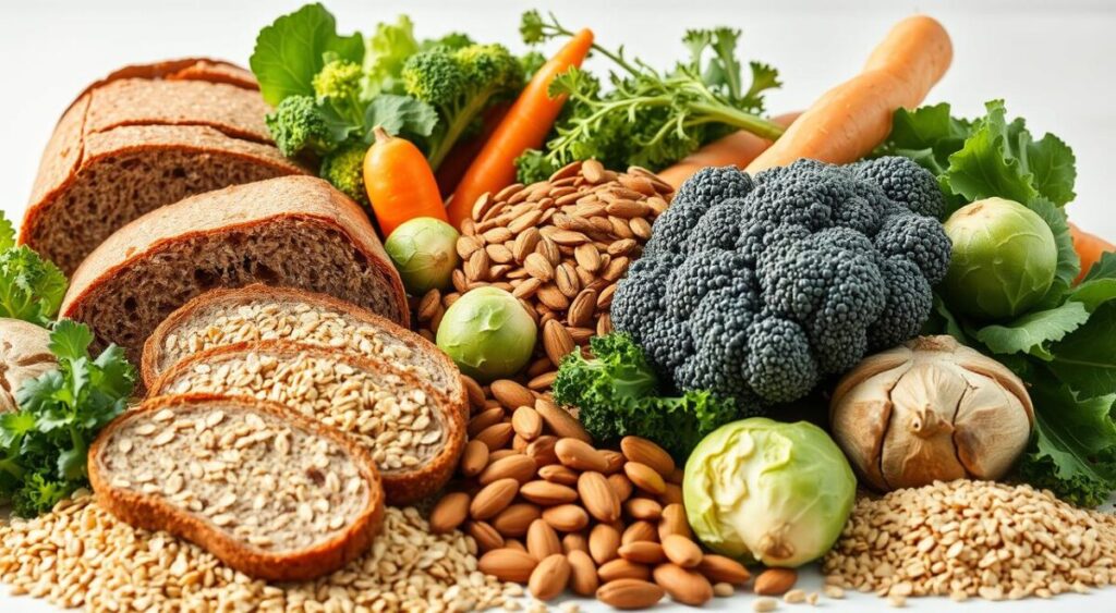A lush, vibrant still life showcasing an array of fibrous, nutrient-dense foods. In the foreground, a bounty of whole grains, including hearty slices of whole wheat bread, dense quinoa, and chewy oats. Positioned alongside are a selection of fresh, crisp vegetables such as kale, broccoli, and Brussels sprouts, their deep green hues punctuated by the warm orange tones of carrots and sweet potatoes. In the middle ground, a scattering of crunchy nuts and seeds, including almonds, walnuts, and flaxseeds, adding visual texture and nutritional richness. The background is softly diffused, allowing the vibrant colors and shapes of the insoluble fiber-rich foods to take center stage, captured under natural, soft lighting that enhances their inherent vibrancy. A lush, vibrant still life showcasing an array of fibrous, nutrient-dense foods. In the foreground, a bounty of whole grains, including hearty slices of whole wheat bread, dense quinoa, and chewy oats. Positioned alongside are a selection of fresh, crisp vegetables such as kale, broccoli, and Brussels sprouts, their deep green hues punctuated by the warm orange tones of carrots and sweet potatoes. In the middle ground, a scattering of crunchy nuts and seeds, including almonds, walnuts, and flaxseeds, adding visual texture and nutritional richness. The background is softly diffused, allowing the vibrant colors and shapes of the insoluble fiber-rich foods to take center stage, captured under natural, soft lighting that enhances their inherent vibrancy.