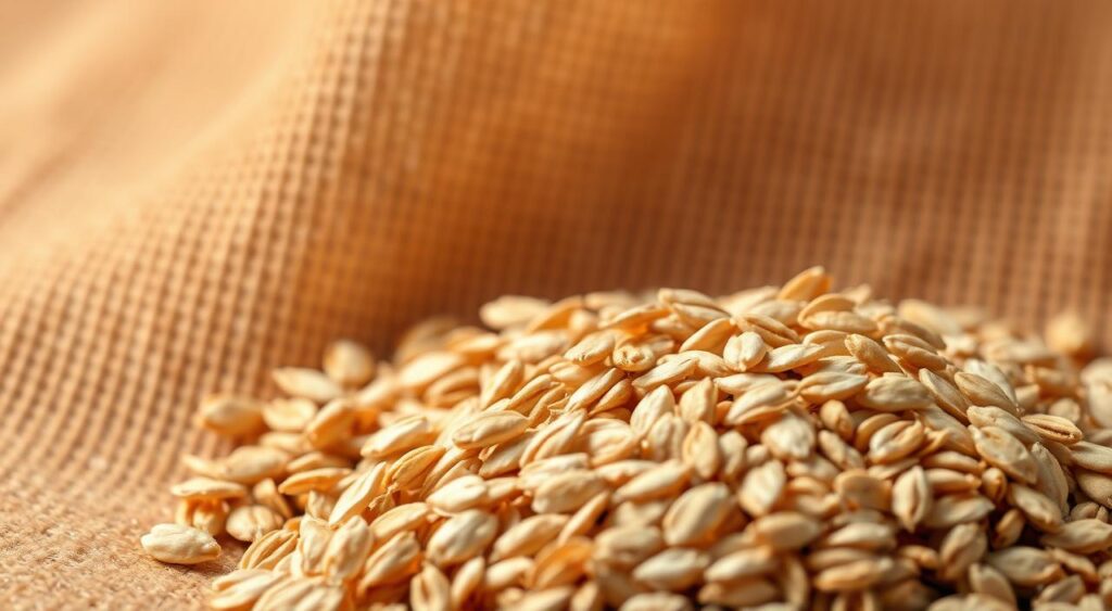A serene close-up view of a handful of oats nestled against a warm, textured background, with a soft, diffused lighting that accentuates the natural golden hues and intricate patterns of the grains. The composition is balanced, drawing the viewer's attention to the oats as the focal point, conveying a sense of nourishment and vitality. The overall mood is one of tranquility and wellness, evoking the healthful benefits of oats for cardiovascular well-being.