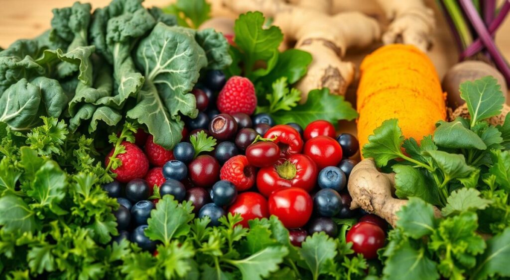 A vibrant still life of an assortment of anti-inflammatory natural foods, shot in a warm, soft light. In the foreground, a variety of fresh leafy greens such as kale, spinach, and arugula are artfully arranged. In the middle ground, colorful fruits like blueberries, raspberries, and cherries are nestled among the greens. In the background, roots and tubers such as ginger, turmeric, and beets create a earthy, grounding element. The composition is balanced and visually appealing, highlighting the natural beauty and health benefits of these powerful anti-inflammatory ingredients. A vibrant still life of an assortment of anti-inflammatory natural foods, shot in a warm, soft light. In the foreground, a variety of fresh leafy greens such as kale, spinach, and arugula are artfully arranged. In the middle ground, colorful fruits like blueberries, raspberries, and cherries are nestled among the greens. In the background, roots and tubers such as ginger, turmeric, and beets create a earthy, grounding element. The composition is balanced and visually appealing, highlighting the natural beauty and health benefits of these powerful anti-inflammatory ingredients.