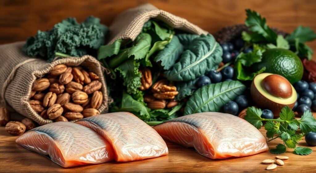 A vibrant still life of omega-3 rich foods arranged on a rustic wooden table. In the foreground, fresh wild-caught salmon fillets glisten under warm studio lighting. In the middle ground, a cluster of walnuts, pecans, and almonds spill from a burlap sack. The background features a variety of leafy greens like kale, spinach, and chard, along with ripe avocados and juicy blueberries. The overall composition conveys a sense of health, nourishment, and balance, suitable for illustrating the benefits of omega-3 foods for gut health. A vibrant still life of omega-3 rich foods arranged on a rustic wooden table. In the foreground, fresh wild-caught salmon fillets glisten under warm studio lighting. In the middle ground, a cluster of walnuts, pecans, and almonds spill from a burlap sack. The background features a variety of leafy greens like kale, spinach, and chard, along with ripe avocados and juicy blueberries. The overall composition conveys a sense of health, nourishment, and balance, suitable for illustrating the benefits of omega-3 foods for gut health.