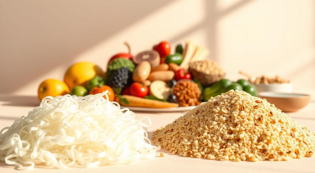 Detailed illustration of soluble and insoluble dietary fibers. In the foreground, cross-sectional views of different fiber types, with clear distinction between soluble and insoluble strands. Middle ground depicts a balanced arrangement of various high-fiber foods like fruits, vegetables, grains, and legumes. Soft, natural lighting casts warm shadows, creating depth and emphasizing the organic textures. The background features a minimalist, pastel-toned environment, allowing the fiber and food elements to be the focal point. The overall composition conveys the harmony and importance of maintaining an equilibrium between soluble and insoluble fiber sources in a healthy diet. Detailed illustration of soluble and insoluble dietary fibers. In the foreground, cross-sectional views of different fiber types, with clear distinction between soluble and insoluble strands. Middle ground depicts a balanced arrangement of various high-fiber foods like fruits, vegetables, grains, and legumes. Soft, natural lighting casts warm shadows, creating depth and emphasizing the organic textures. The background features a minimalist, pastel-toned environment, allowing the fiber and food elements to be the focal point. The overall composition conveys the harmony and importance of maintaining an equilibrium between soluble and insoluble fiber sources in a healthy diet.