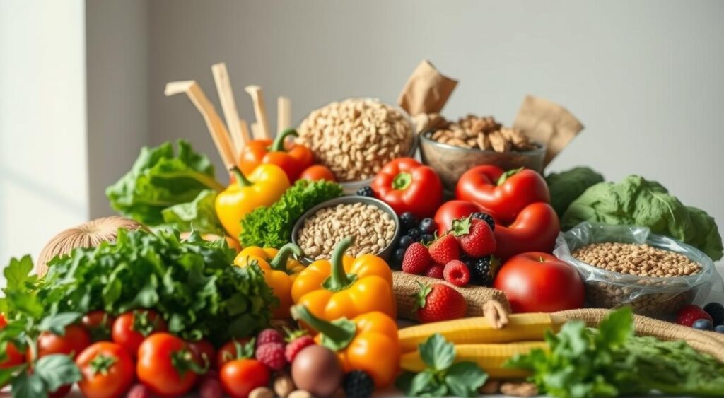 Vibrant still life of an array of fresh, nutrient-dense plant-based foods, bathed in soft, natural lighting. In the foreground, an assortment of colorful fruits and vegetables - ripe tomatoes, leafy greens, vibrant bell peppers, and juicy berries. In the middle ground, various whole grains, legumes, and nuts. The background features a minimal, airy setting, accentuating the wholesome, earthy tones of the plant-based ingredients. Composition is balanced and visually appealing, capturing the essence of functional, plant-based superfoods. Vibrant still life of an array of fresh, nutrient-dense plant-based foods, bathed in soft, natural lighting. In the foreground, an assortment of colorful fruits and vegetables - ripe tomatoes, leafy greens, vibrant bell peppers, and juicy berries. In the middle ground, various whole grains, legumes, and nuts. The background features a minimal, airy setting, accentuating the wholesome, earthy tones of the plant-based ingredients. Composition is balanced and visually appealing, capturing the essence of functional, plant-based superfoods.