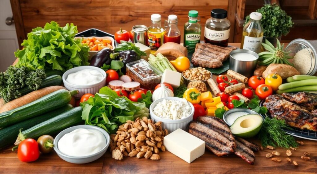 A bountiful spread of low-carb, keto-friendly foods arranged on a rustic wooden table, bathed in warm, natural lighting. In the foreground, an assortment of fresh vegetables, including leafy greens, zucchini, bell peppers, and avocado, alongside juicy meats like grilled chicken and steak. The middle ground features creamy dairy products like cheese and Greek yogurt, accompanied by crunchy nuts and seeds. In the background, a selection of low-carb condiments, herbs, and spices create a cohesive and appetizing composition. The overall scene conveys a sense of health, abundance, and the joy of indulging in a nourishing, low-carb lifestyle.