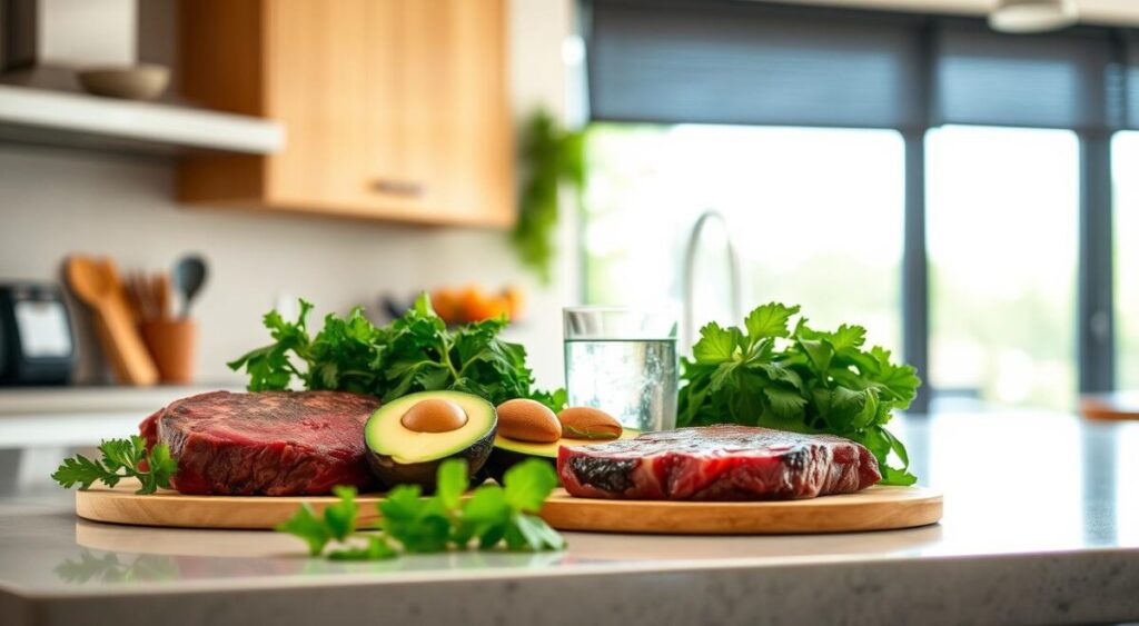 A clean, well-lit kitchen countertop filled with a variety of low-carb foods - a juicy steak, fresh avocado, leafy greens, and a glass of water. In the background, a large window floods the scene with natural light, creating a bright and airy atmosphere. The arrangement of the ingredients suggests a balanced, nutritious low-carb meal, highlighting the simplicity and health-conscious nature of the "Dieta Low Carb" lifestyle. The overall composition conveys a sense of calm, wellness, and a thoughtful approach to food and nourishment.
