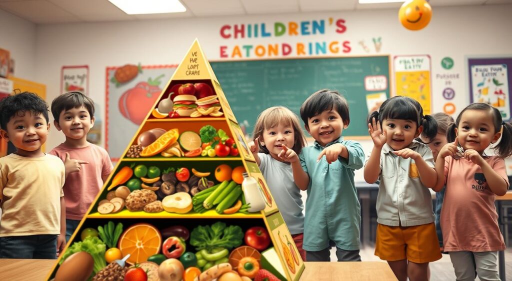 A colorful and engaging illustration of a "Children's Food Pyramid" designed for educational purposes. In the foreground, the pyramid is vibrant, divided into several layers representing different food groups: grains, fruits, vegetables, protein, and dairy, each layer depicted with appealing and recognizable food items. In the middle ground, a diverse group of children, dressed in modest casual clothing, are joyfully pointing to the pyramid, engaging with the content. The background features a bright, friendly classroom setting with cheerful decorations that promote healthy eating. Soft, warm lighting illuminates the scene, creating an inviting atmosphere. The angle is slightly above eye level to capture both the children’s expressions and the details of the pyramid effectively. Focus on a wholesome, educational mood.