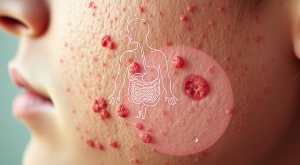 A detailed close-up portrait of acne vulgaris on human skin, showcasing the texture and redness. In the background, a transparent overlay of a simplified diagram of the gut and digestive system, illustrating the connection between skin health and intestinal health. The lighting is soft and diffused, emphasizing the imperfections of the skin. The overall mood is clinical yet visually compelling, inviting the viewer to explore the intricate relationship between the skin and the gut. A detailed close-up portrait of acne vulgaris on human skin, showcasing the texture and redness. In the background, a transparent overlay of a simplified diagram of the gut and digestive system, illustrating the connection between skin health and intestinal health. The lighting is soft and diffused, emphasizing the imperfections of the skin. The overall mood is clinical yet visually compelling, inviting the viewer to explore the intricate relationship between the skin and the gut.