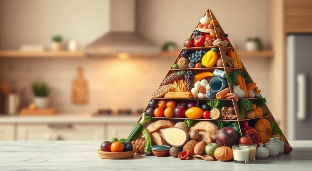 A detailed illustration of the food pyramid structure, showcasing the various food groups organized in a tiered format. In the foreground, the pyramid should display a colorful array of fruits, vegetables, grains, proteins, and dairy, each occupying its respective level with clear distinctions in size and color intensity. The middle ground should have a soft gradient, symbolizing a balanced diet, with additional smaller icons of healthy plates and food portions. In the background, there should be a subtle, blurred kitchen setting with warm lighting to create a welcoming atmosphere. Use a slight top-down angle to emphasize the pyramid shape, evoking a sense of guidance towards healthy eating. The image should convey a mood of health, balance, and vitality, without any text or overlays.