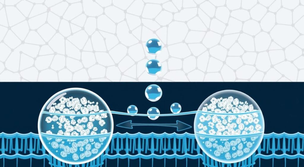 A detailed scientific illustration depicting the delicate balance of sodium and potassium in the body's hydration system. The foreground shows a magnified view of cellular membranes, with sodium and potassium ions being actively transported across the semi-permeable barriers. In the middle ground, a trio of water molecules interacts with the ionic flow, maintaining the essential osmotic equilibrium. The background features an abstract molecular lattice, representing the complex biochemical networks that regulate this vital physiological process. Rendered in a muted color palette with a technical, educational aesthetic, the image conveys the elegance and importance of the sodium-potassium balance in sustaining proper hydration.