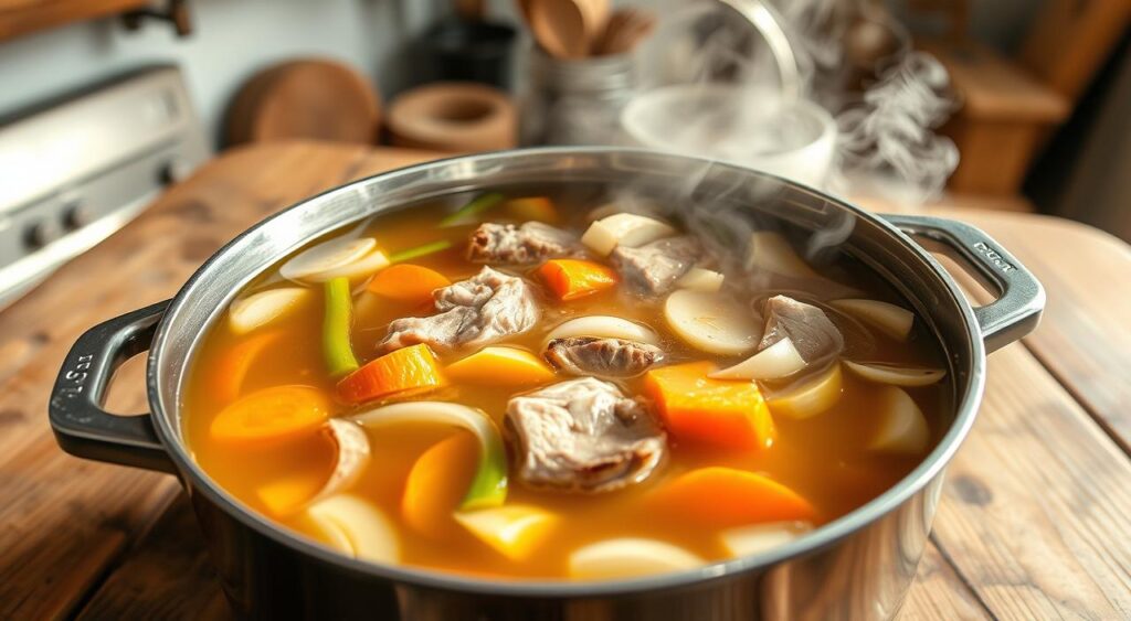 A steaming pot of homemade bone broth, its rich, golden hue simmering under soft, natural lighting. In the foreground, sliced vegetables - carrots, onions, and celery - float alongside tender chunks of meat, infusing the broth with their earthy, nourishing flavors. The mid-ground features a rustic wooden table, its surface worn and weathered, providing a cozy, farmhouse-inspired setting. In the background, a softly blurred kitchen scene, with hints of shelves and utensils, creating a sense of warmth and domesticity. The overall atmosphere is one of wholesome, comforting sustenance, perfect for nourishing the gut and promoting a healthy digestive system. A steaming pot of homemade bone broth, its rich, golden hue simmering under soft, natural lighting. In the foreground, sliced vegetables - carrots, onions, and celery - float alongside tender chunks of meat, infusing the broth with their earthy, nourishing flavors. The mid-ground features a rustic wooden table, its surface worn and weathered, providing a cozy, farmhouse-inspired setting. In the background, a softly blurred kitchen scene, with hints of shelves and utensils, creating a sense of warmth and domesticity. The overall atmosphere is one of wholesome, comforting sustenance, perfect for nourishing the gut and promoting a healthy digestive system.