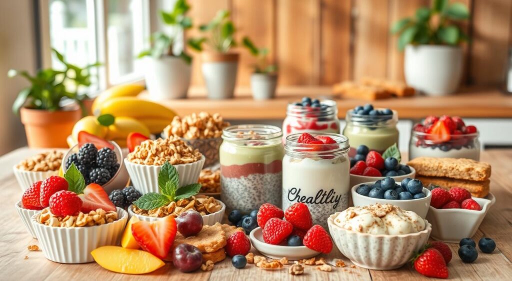 A vibrant and appetizing array of healthy desserts set against a warm, rustic backdrop. In the foreground, a selection of colorful fruits, nuts, and whole-grain baked goods - think nutrient-dense muffins, granola bars, and yogurt parfaits. The middle ground features a smattering of jars and dishes filled with homemade chia puddings, avocado mousses, and compotes made from seasonal berries. In the background, a softly-lit wooden table or countertop, with potted plants and natural light filtering in through a window. The overall scene conveys a sense of nourishment, balance, and a celebration of wholesome, gut-friendly ingredients. A vibrant and appetizing array of healthy desserts set against a warm, rustic backdrop. In the foreground, a selection of colorful fruits, nuts, and whole-grain baked goods - think nutrient-dense muffins, granola bars, and yogurt parfaits. The middle ground features a smattering of jars and dishes filled with homemade chia puddings, avocado mousses, and compotes made from seasonal berries. In the background, a softly-lit wooden table or countertop, with potted plants and natural light filtering in through a window. The overall scene conveys a sense of nourishment, balance, and a celebration of wholesome, gut-friendly ingredients.