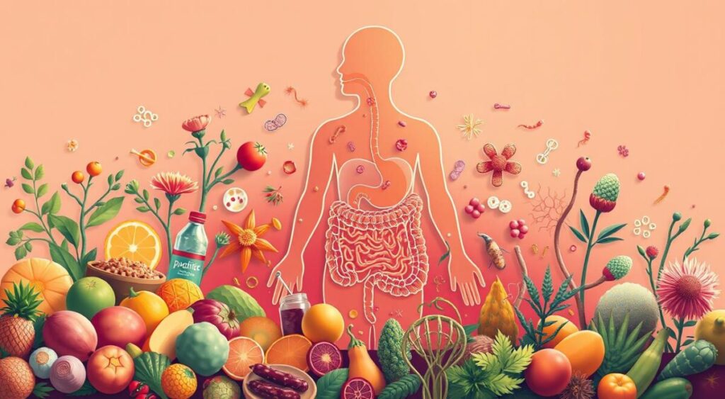 A vibrant and detailed illustration depicting the key factors that influence the gut microbiome. In the foreground, various food groups, probiotics, and lifestyle choices are prominently featured, represented by realistic, high-resolution icons and graphics. The middle ground showcases the diversity of gut bacteria, with intricate microscopic depictions of different microbial species. In the background, a human body silhouette highlights the systemic impact of the microbiome on overall health and well-being. The color palette is warm and earthy, conveying a sense of natural balance and harmony. Soft lighting from multiple angles casts subtle shadows, adding depth and dimensionality to the scene. The overall composition is visually striking and effectively communicates the complex interplay between environmental, dietary, and physiological factors that shape the gut microbiome. A vibrant and detailed illustration depicting the key factors that influence the gut microbiome. In the foreground, various food groups, probiotics, and lifestyle choices are prominently featured, represented by realistic, high-resolution icons and graphics. The middle ground showcases the diversity of gut bacteria, with intricate microscopic depictions of different microbial species. In the background, a human body silhouette highlights the systemic impact of the microbiome on overall health and well-being. The color palette is warm and earthy, conveying a sense of natural balance and harmony. Soft lighting from multiple angles casts subtle shadows, adding depth and dimensionality to the scene. The overall composition is visually striking and effectively communicates the complex interplay between environmental, dietary, and physiological factors that shape the gut microbiome.