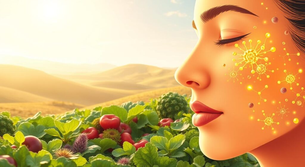 A vibrant, detailed illustration of probiotic and prebiotic elements nourishing and rejuvenating healthy skin. In the foreground, a close-up of glowing, radiant skin, with probiotics represented as dynamic, colorful microbes. In the middle ground, a lush, thriving garden of prebiotic plant matter, including leafy greens and berries. The background features a serene, natural landscape with rolling hills, a bright sky, and a warm, inviting atmosphere. The lighting is soft and diffused, creating a sense of balance and harmony. The overall mood is one of wellness, vitality, and the interconnectedness of gut health and skin health. A vibrant, detailed illustration of probiotic and prebiotic elements nourishing and rejuvenating healthy skin. In the foreground, a close-up of glowing, radiant skin, with probiotics represented as dynamic, colorful microbes. In the middle ground, a lush, thriving garden of prebiotic plant matter, including leafy greens and berries. The background features a serene, natural landscape with rolling hills, a bright sky, and a warm, inviting atmosphere. The lighting is soft and diffused, creating a sense of balance and harmony. The overall mood is one of wellness, vitality, and the interconnectedness of gut health and skin health.