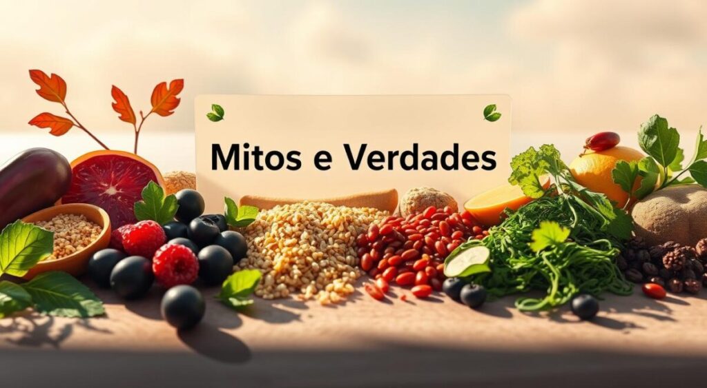 A vibrant, photorealistic illustration showcasing the contrast between myths and truths surrounding superfoods. In the foreground, a dynamic arrangement of various superfoods, such as acai berries, quinoa, and spirulina, casting long shadows across the scene. In the middle ground, a transparent panel with the text "Mitos e Verdades" written in a bold, modern font. The background features a soft, blurred gradient, evoking a sense of introspection and contemplation. The lighting is natural and diffused, creating a warm, inviting atmosphere that encourages the viewer to ponder the complexities of superfood claims. Captured with a wide-angle lens to provide a comprehensive, immersive perspective.
