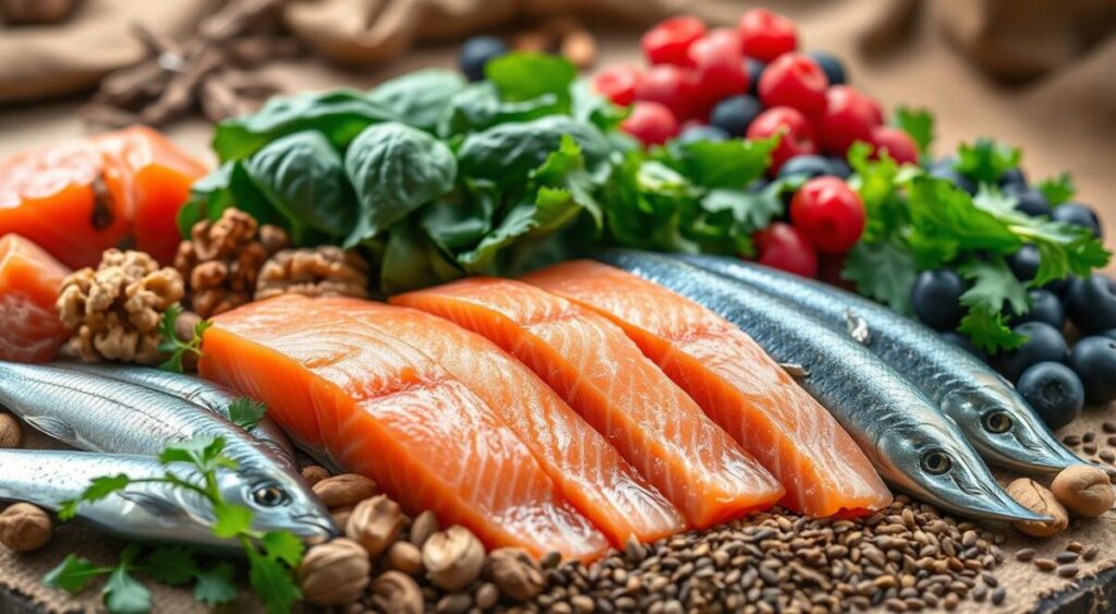 A vibrant still life arrangement of various omega-3 rich foods in a natural, earthy setting. In the foreground, an array of fresh seafood including salmon, mackerel, and sardines, their glistening scales and pink flesh inviting. Surrounding them, a selection of nuts and seeds such as walnuts, flaxseeds, and chia seeds, their textures contrasting against the smooth fish. In the middle ground, an assortment of leafy greens like spinach, kale, and arugula, their deep green hues adding depth. In the background, a scattering of colorful berries, perhaps blueberries or raspberries, their juicy presence hinting at the antioxidant benefits. The lighting is soft and natural, casting a warm glow over the scene, emphasizing the nutritional richness of these omega-3 packed foods.