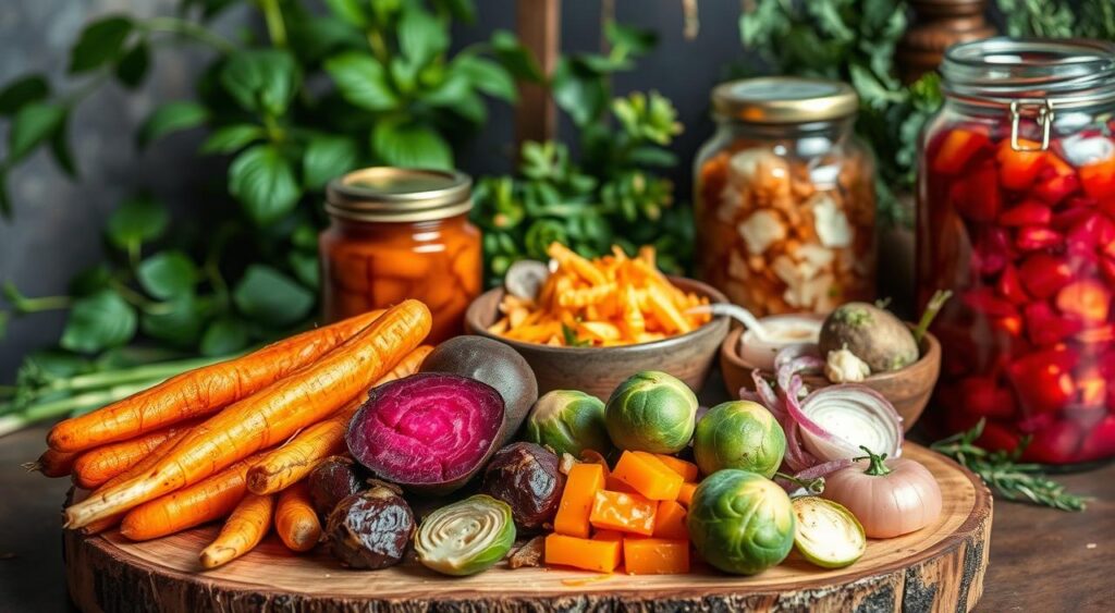 A vibrant still life capturing a variety of prebiotic-rich accompaniments. In the foreground, a mix of roasted vegetables - colorful carrots, earthy beets, and tender Brussels sprouts - arranged artfully on a rustic wooden board. In the middle ground, a selection of fermented foods like kimchi, sauerkraut, and pickled onions, their vibrant hues and textures adding depth to the composition. The background features a lush, verdant setting, with leafy plants and herbs providing a natural, nourishing backdrop. Warm, diffused lighting casts a soft glow over the scene, highlighting the rich colors and textures of the prebiotic-rich ingredients. The overall mood is one of wholesome abundance and a celebration of the power of gut-healthy foods. Alimentos ricos em prébioticos