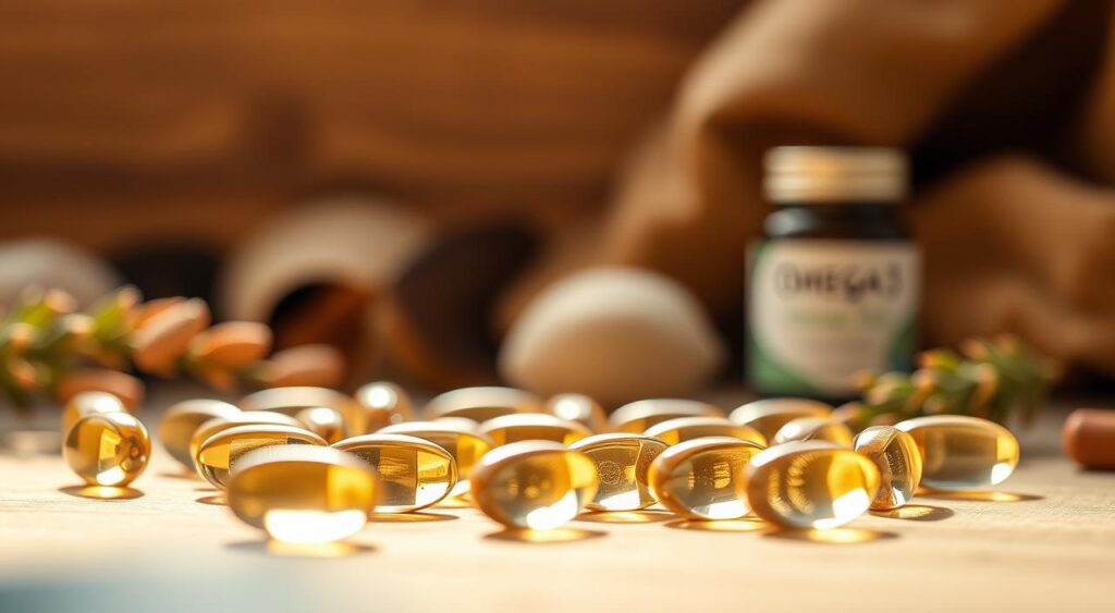 Detailed close-up photograph of omega-3 supplement capsules in a natural, organic setting. The capsules are arranged in the foreground, illuminated by soft, warm lighting that casts gentle shadows. The middle ground features a background of natural, earthy tones, such as wood, stone, or natural fabrics, to create a calming, wellness-focused atmosphere. The image should convey the health benefits and purpose of omega-3 supplements, emphasizing their natural, wholesome qualities.