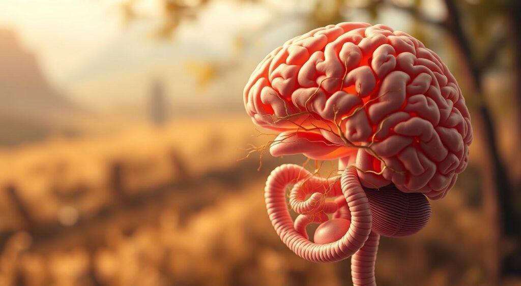 Detailed cross-section depicting the interconnection between the brain and the intestines, showcasing their intricate relationship. In the foreground, a meticulously rendered human brain, its complex neural networks pulsing with activity, connected by intricate pathways to a highly detailed intestinal tract in the middle ground. The background features a softly blurred, organic landscape, suggesting the broader physiological and environmental influences on this mind-gut axis. Warm, earthy tones convey a sense of harmony and balance, while carefully placed lighting highlights the delicate structures and emphasizes the profound linkage between these two vital systems. Depicted with a sense of scientific precision and aesthetic beauty, inviting the viewer to contemplate the profound influence of the "second brain" on our emotional well-being.