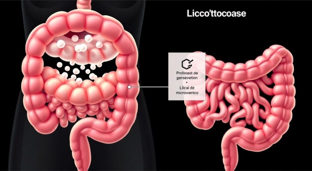Digestão da lactose: uma ilustração científica. Um corte transversal detalhado do trato digestivo, destacando o intestino delgado. No primeiro plano, células intestinais absorvendo moléculas de lactose, com enzimas lactase em ação. No plano médio, uma representação esquemática dos processos químicos de quebra da lactose em glicose e galactose. No fundo, uma vista ampliada do intestino, com seus vilos e microvilos absorvendo os nutrientes. Iluminação suave e naturalista, capturando a complexidade e a elegância deste sistema digestivo. Tons de azul, verde e amarelo predominam, criando uma paleta de cores sutil e informativa.