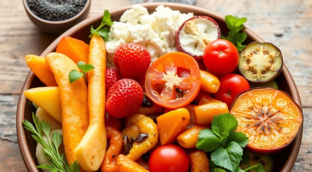 Refeição saudável com alimentos ricos em iodo, selênio e outros nutrientes essenciais para a tireoide.