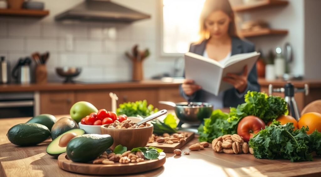 A serene kitchen setting with a wooden table displaying a colorful assortment of ketogenic-friendly foods. In the foreground, fresh avocados, nuts, and leafy greens are artfully arranged, showcasing the diversity of a keto diet. A health-conscious individual in a smart, casual outfit examines a food journal, reflecting on meal planning for diabetes management. In the middle ground, a rustic bowl is filled with berries while a scale and measuring cups are visible, signifying careful portion control. Soft, warm lighting pours in through a window, casting gentle shadows and creating a welcoming atmosphere. The background is softly blurred, emphasizing the focus on healthy eating without distractions, symbolizing the connection between the ketogenic diet and diabetes management, conveying a sense of hope and wellness.
