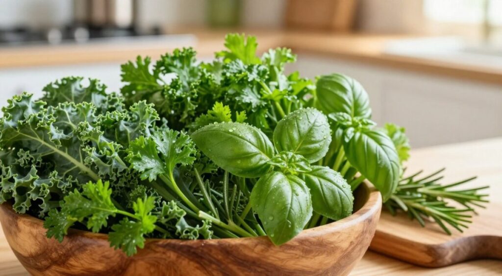A vibrant arrangement of fresh herbs rich in vitamin K, prominently featuring kale, parsley, and basil. Place these herbs in a rustic wooden bowl in the foreground, showcasing their lush green colors and textures with dewdrops for realism. In the middle, include an elegant cutting board with a few sprigs of rosemary and chives, hinting at their culinary uses. The background should softly blur, depicting a warm kitchen setting with subtle hints of sunlight streaming in, creating a cozy atmosphere. Use natural lighting to emphasize the freshness of the herbs, captured with a shallow depth of field. Aim for a bright, inviting mood that highlights the health benefits of these vitamin K-rich plants.