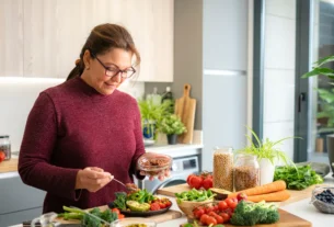 mulher com SOP preparando alimentação saudável em casa