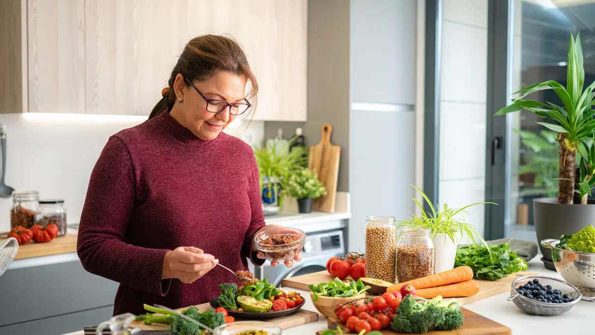 mulher com SOP preparando alimentação saudável em casa